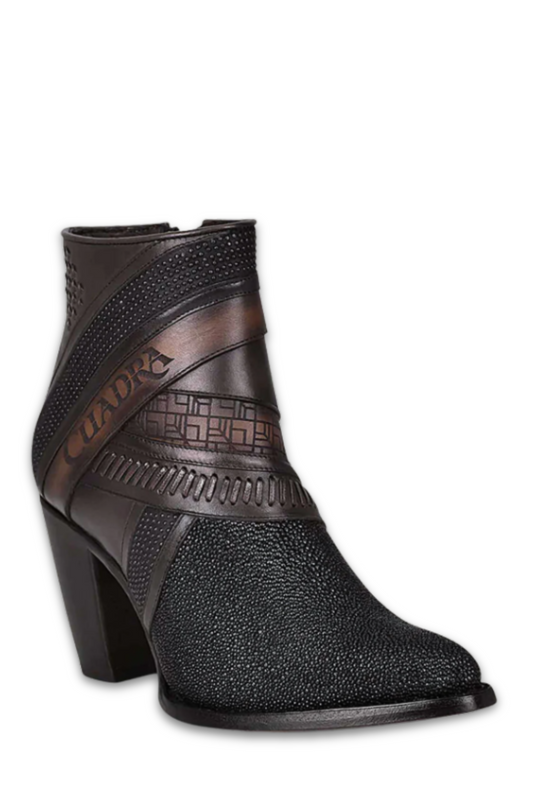 Handwoven Black Exotic Leather Ankle Bootie