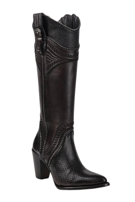 Black Python Knee High Boots for Women
