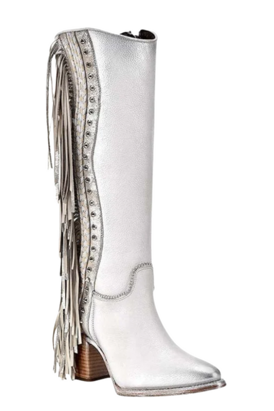 Braided White Leather Knee High Boots