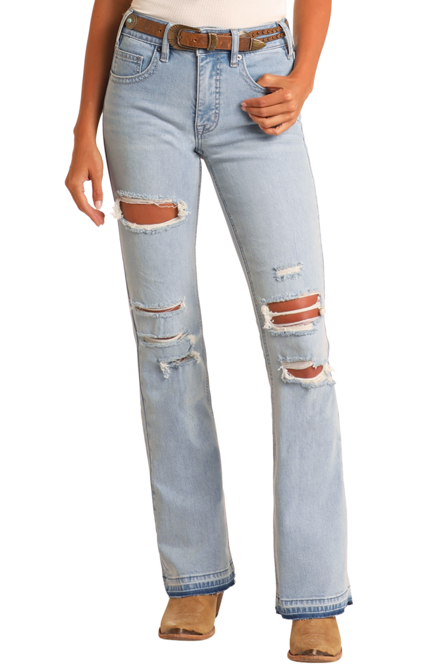 High Rise Light Wash Distressed Bootcut Jeans