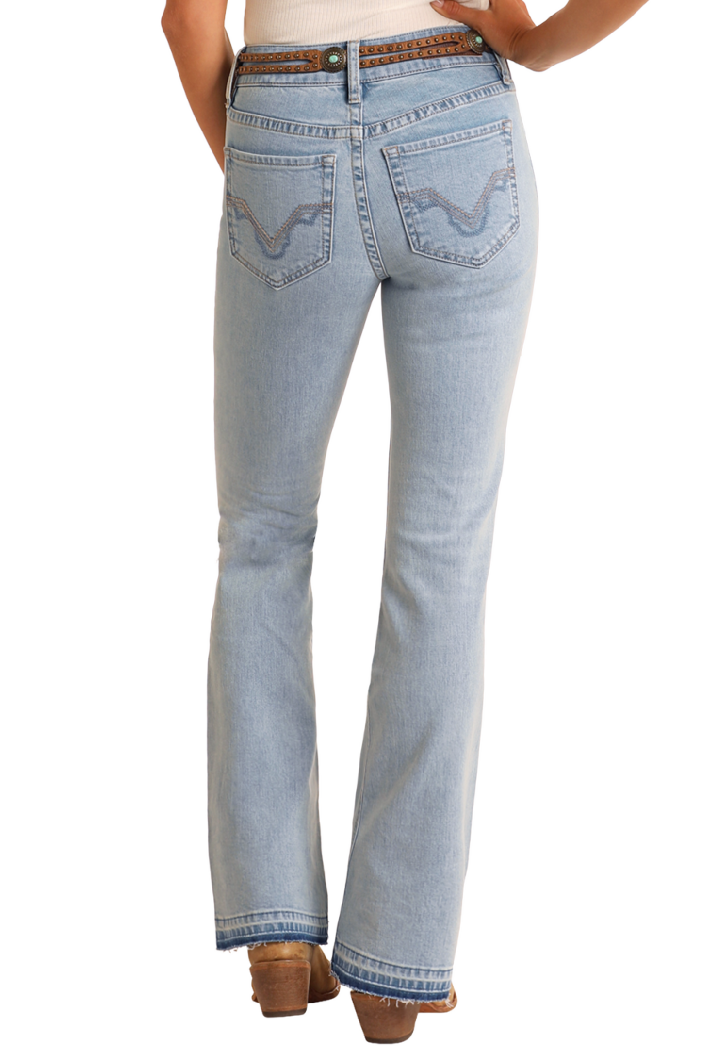 High Rise Light Wash Distressed Bootcut Jeans
