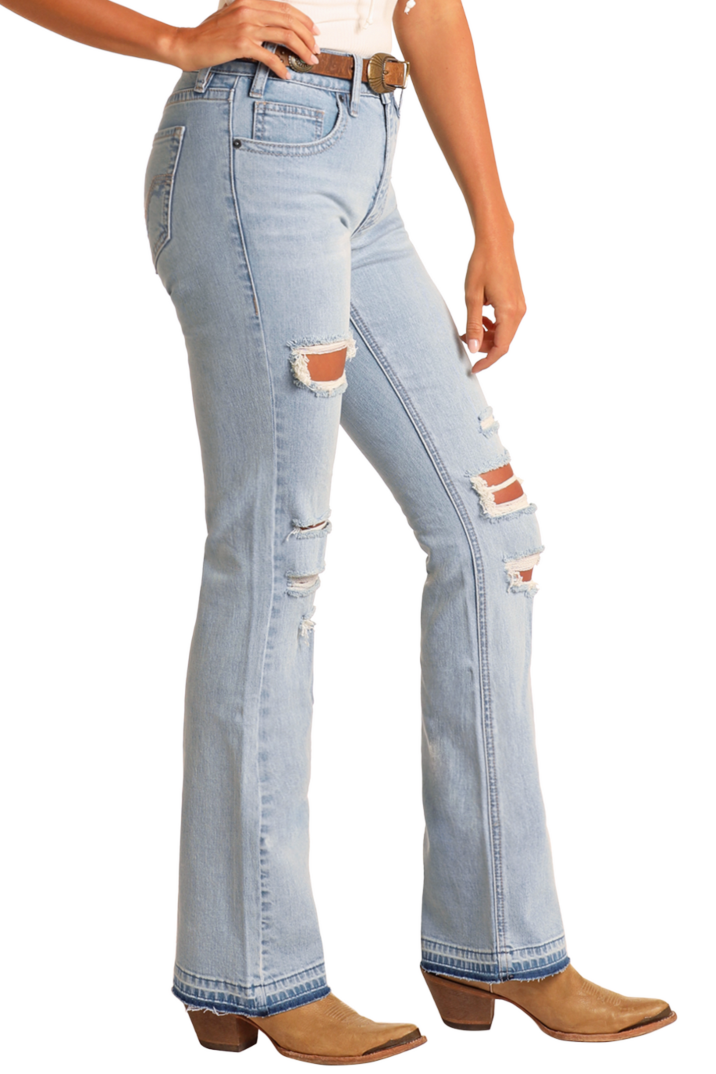 High Rise Light Wash Distressed Bootcut Jeans