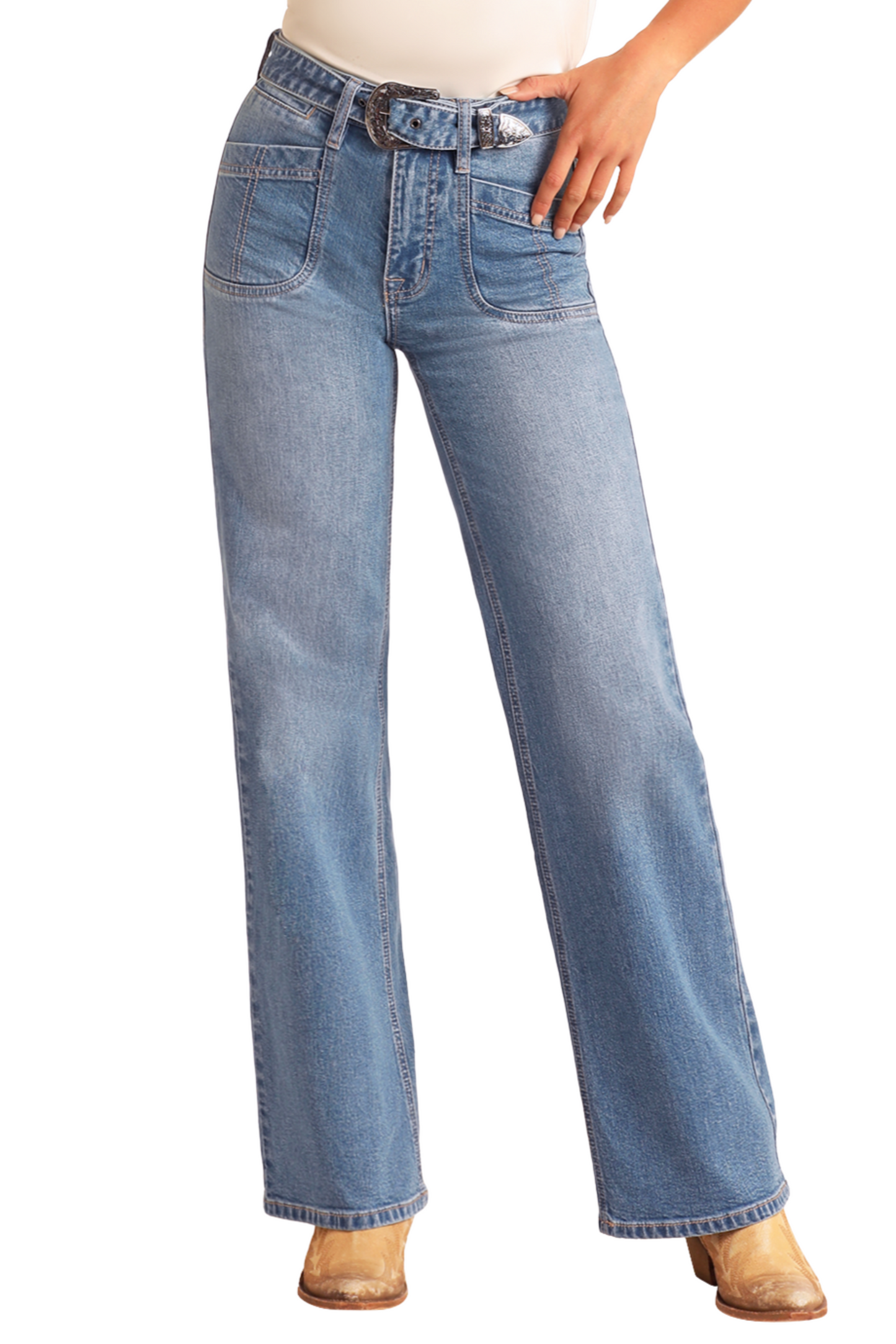 High Rise Belted Relaxed Flare Jeans