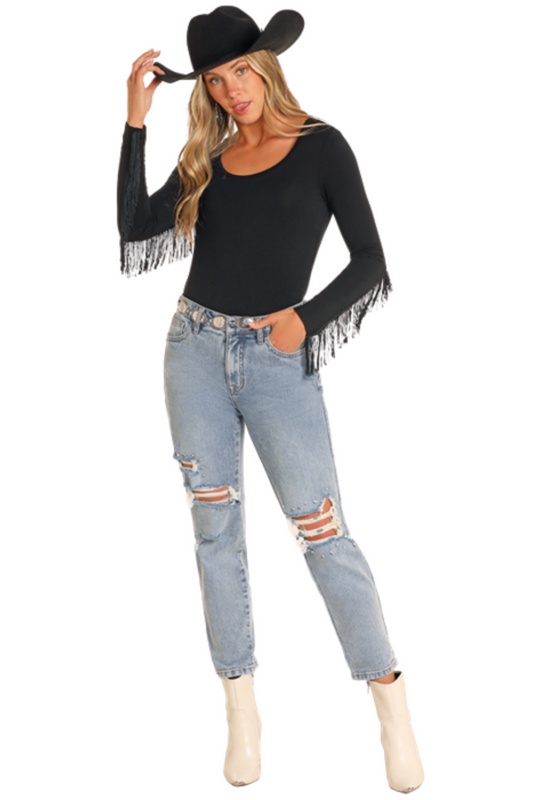High Rise Studded Straight Cropped  Jeans