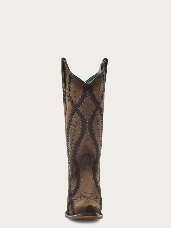 Z5247 - WOMEN'S BLACK EMBROIDERY WITH CRYSTALS AND STUDS BROWN SNIP TOE COWBOY BOOT