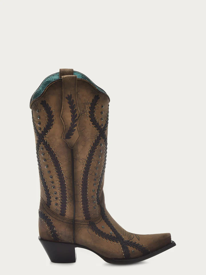 Z5247 - WOMEN'S BLACK EMBROIDERY WITH CRYSTALS AND STUDS BROWN SNIP TOE COWBOY BOOT