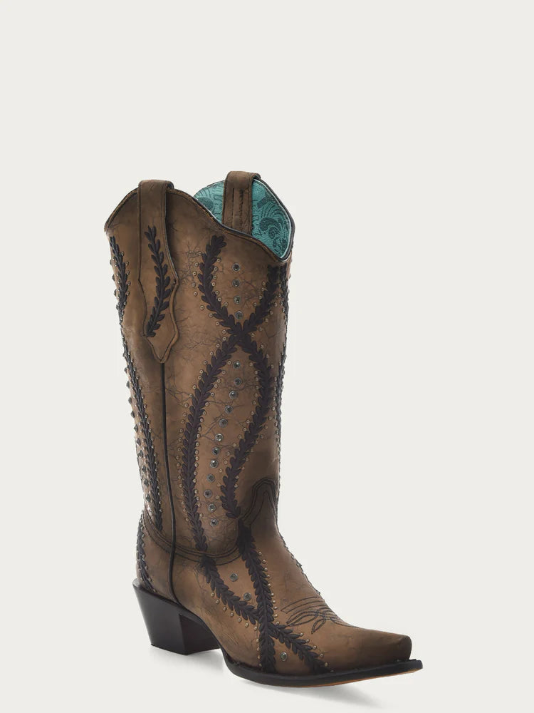 Z5247 - WOMEN'S BLACK EMBROIDERY WITH CRYSTALS AND STUDS BROWN SNIP TOE COWBOY BOOT