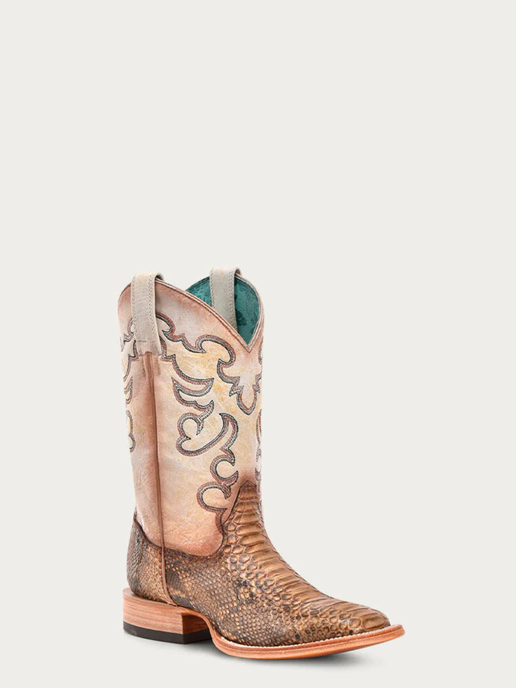 B5007 - WOMEN'S EMBROIDERY GENUINE TAUPE-BEIGE PYTHON VAMP WIDE SQUARE TOE COWBOY BOOTS