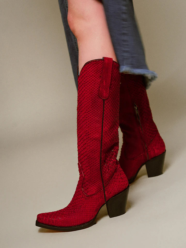A4194 - WOMEN'S GENUINE RED FULL PYTHON SNIP TOE TALL TOP COWBOY BOOT