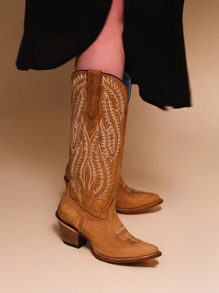 A4216 - WOMEN'S WHITE EMBROIDERY TAN SNIP TOE COWBOY BOOT