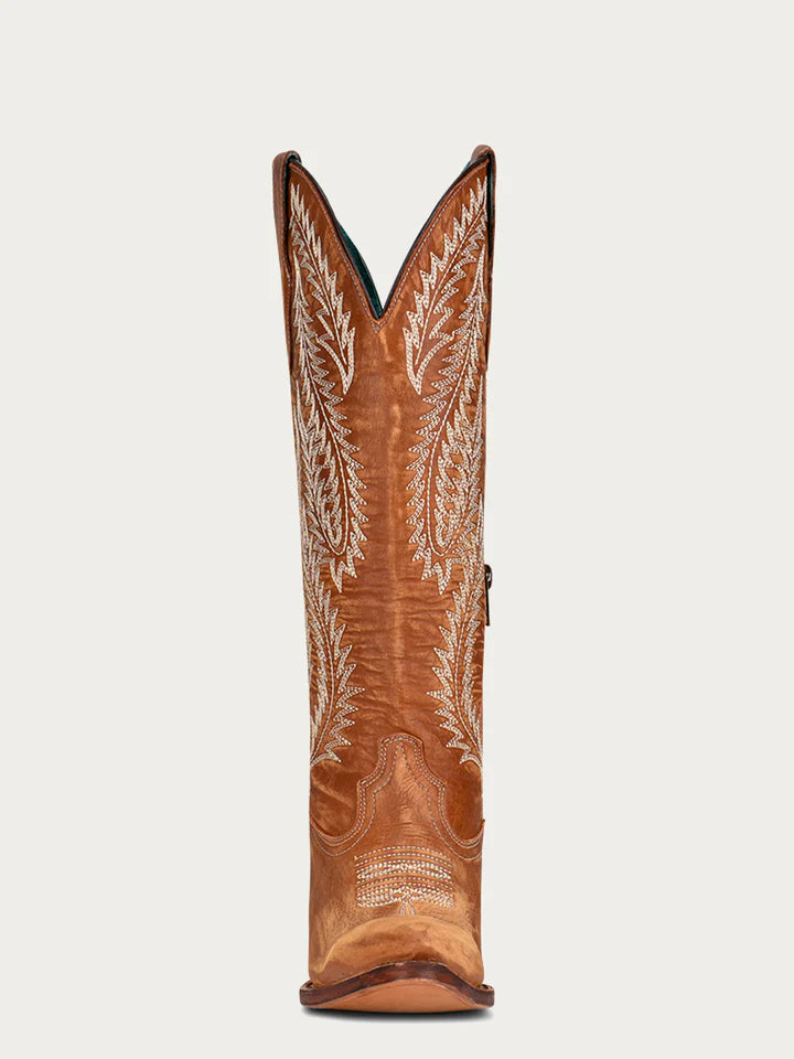 A4216 - WOMEN'S WHITE EMBROIDERY TAN SNIP TOE COWBOY BOOT
