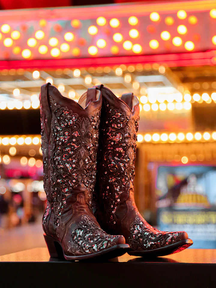A3671A - WOMEN'S BLACK GLITTER INLAY FLORAL OVERLAY WITH CRYSTALS AND STUDS SNIP TOE COGNAC COWBOY BOOT