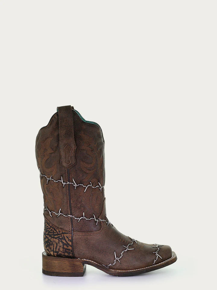 A3815 - WOMEN'S BROWN WOVEN BARBED WIRE SQUARE TOE RODEO COWBOY BOOT