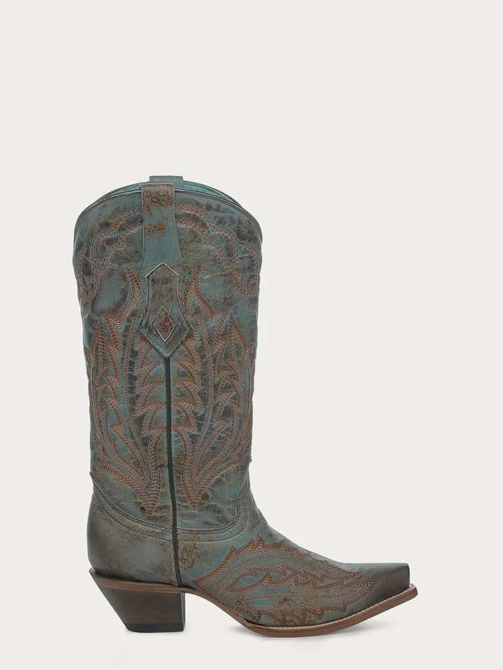 Z5345 - WOMEN'S EMBROIDERY VINTAGE WORN FINISH TURQUOISE SNIP TOE GOAT COWBOY BOOT