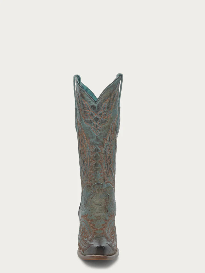 Z5345 - WOMEN'S EMBROIDERY VINTAGE WORN FINISH TURQUOISE SNIP TOE GOAT COWBOY BOOT