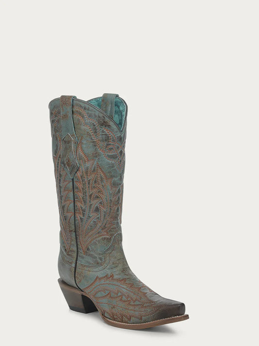 Z5345 - WOMEN'S EMBROIDERY VINTAGE WORN FINISH TURQUOISE SNIP TOE GOAT COWBOY BOOT