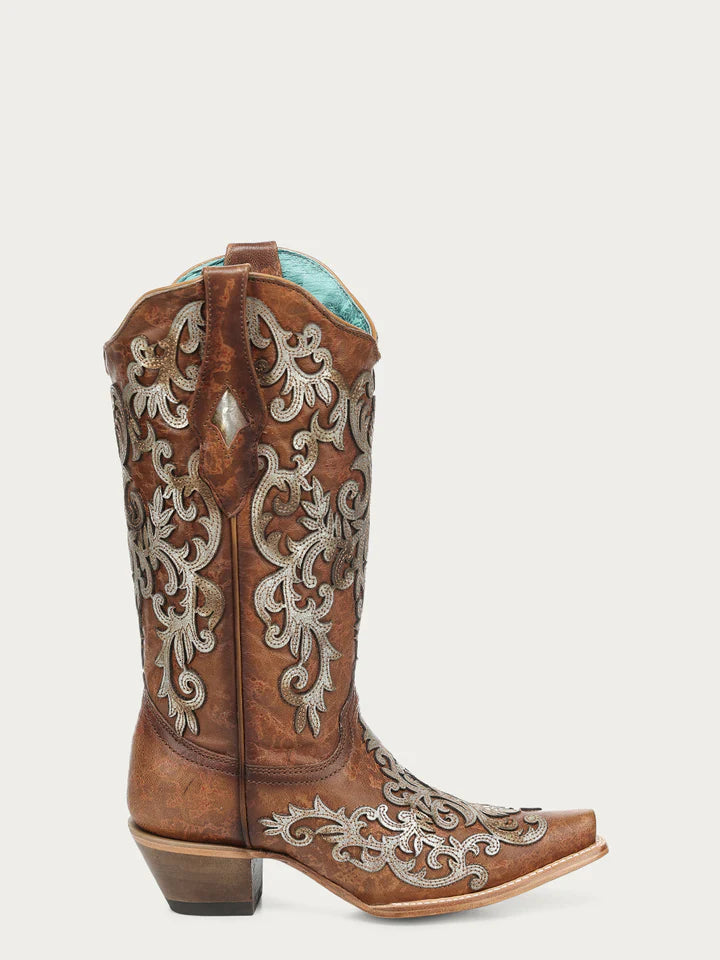 Z5514 - WOMEN'S  SILVER OVERLAY AND EMBROIDERY SNIP TOE SHEDRON COWBOY BOOT