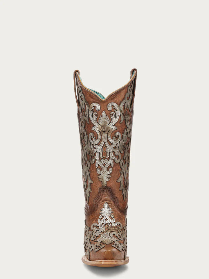 Z5514 - WOMEN'S  SILVER OVERLAY AND EMBROIDERY SNIP TOE SHEDRON COWBOY BOOT