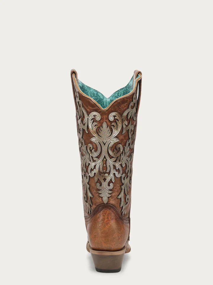 Z5514 - WOMEN'S  SILVER OVERLAY AND EMBROIDERY SNIP TOE SHEDRON COWBOY BOOT