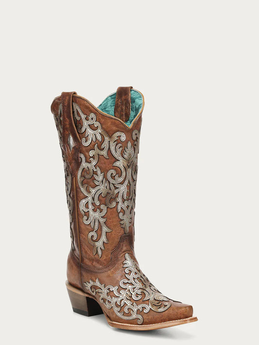Z5514 - WOMEN'S  SILVER OVERLAY AND EMBROIDERY SNIP TOE SHEDRON COWBOY BOOT
