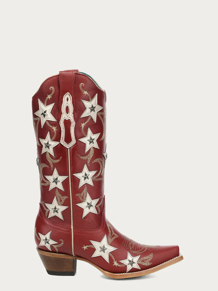 Z5540 - WOMEN'S RED EMBROIDERY STARS OVERLAY AND STUDS SNIP TOE COWBOY BOOT