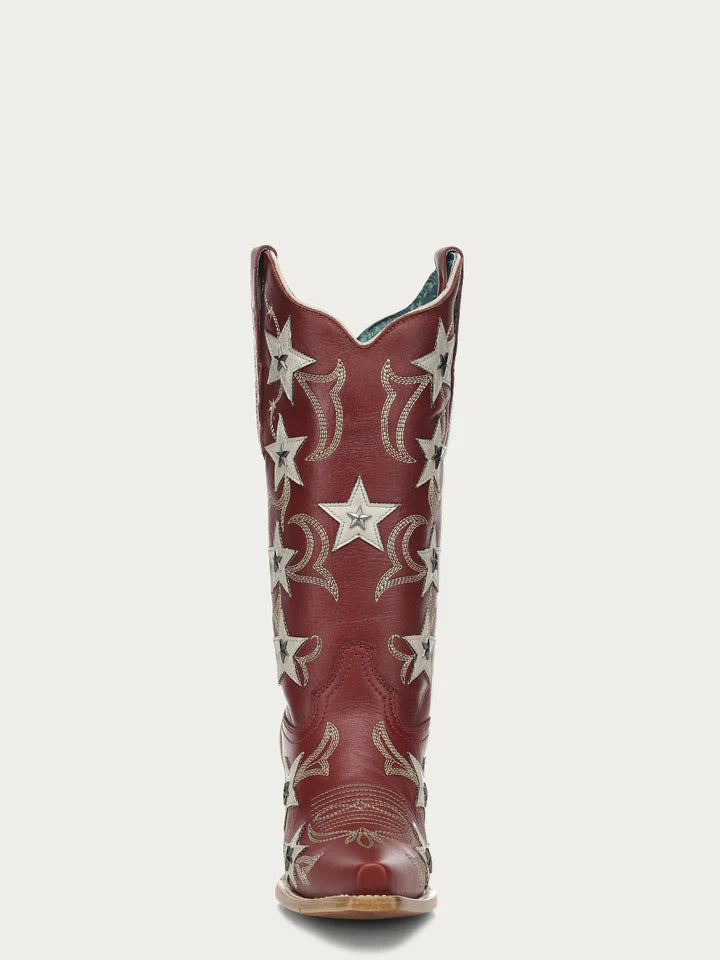 Z5540 - WOMEN'S RED EMBROIDERY STARS OVERLAY AND STUDS SNIP TOE COWBOY BOOT