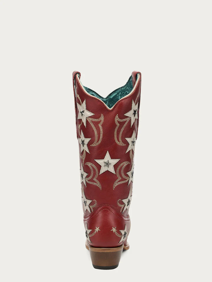 Z5540 - WOMEN'S RED EMBROIDERY STARS OVERLAY AND STUDS SNIP TOE COWBOY BOOT