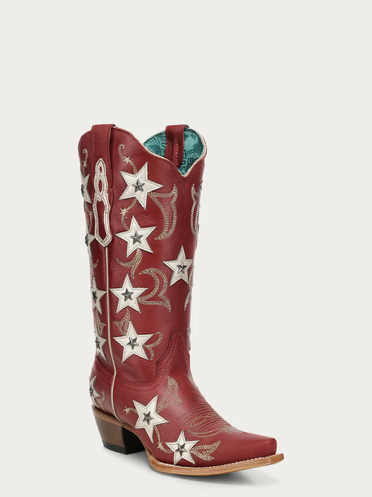 Z5540 - WOMEN'S RED EMBROIDERY STARS OVERLAY AND STUDS SNIP TOE COWBOY BOOT