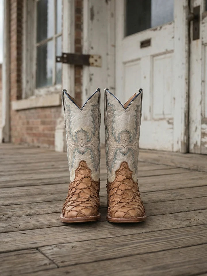 A4050 - MEN'S EMBROIDERY COGNAC PIRARUCU WHITE SQUARE TOE RODEO COWBOY BOOT