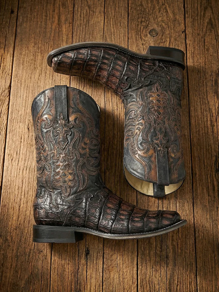 A4774 - MEN'S CAIMAN EMBROIDERY AND OVERLAY CHOCOLATE WIDE SQUARE TOE COWBOY BOOT