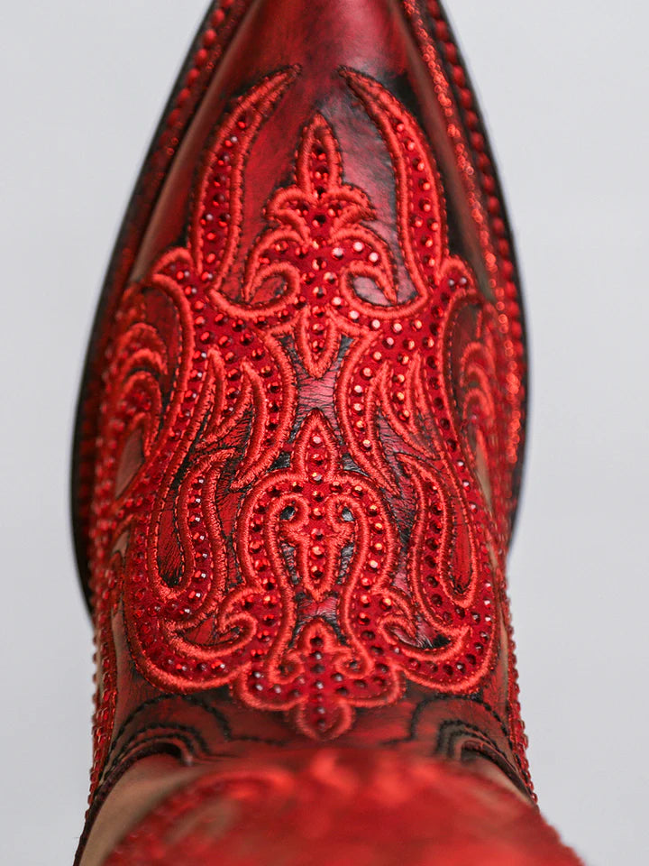 A4869 - WOMEN'S EMBROIDERY AND CRYSTALS RED AND BLACK TALL TOP SNIP TOE COWBOY BOOT
