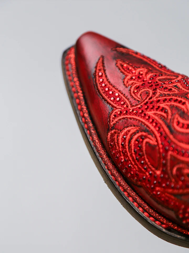 A4869 - WOMEN'S EMBROIDERY AND CRYSTALS RED AND BLACK TALL TOP SNIP TOE COWBOY BOOT