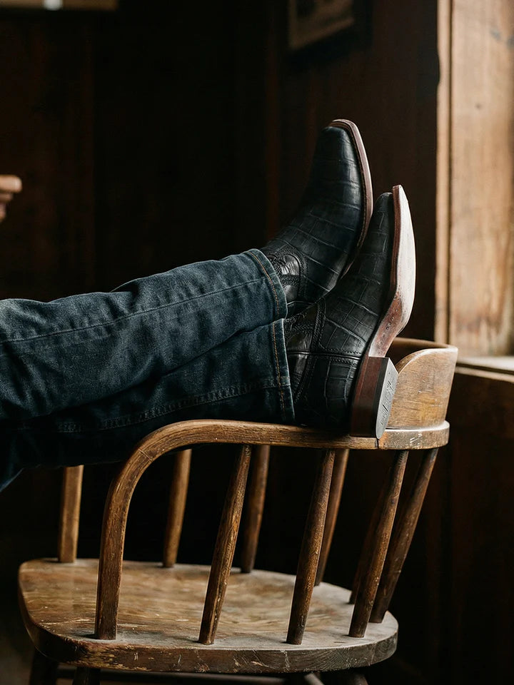 A4933 - MEN'S EMBROIDERY NAVY BLUE ALLIGATOR WIDE SQUARE TOE COWBOY BOOT WITH LEATHER SOLE AND RUBBER INSERT