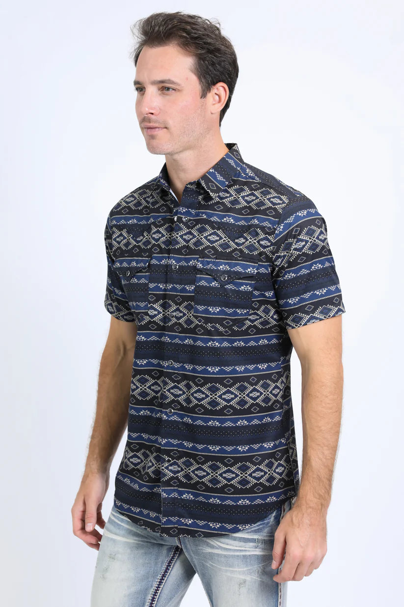 Mens Performance Western Short Sleeve Aztec Print Black Shirt