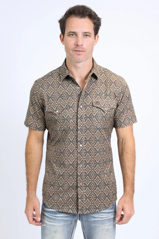 Mens Performance Western Short Sleeve Aztec Print Brown Shirt