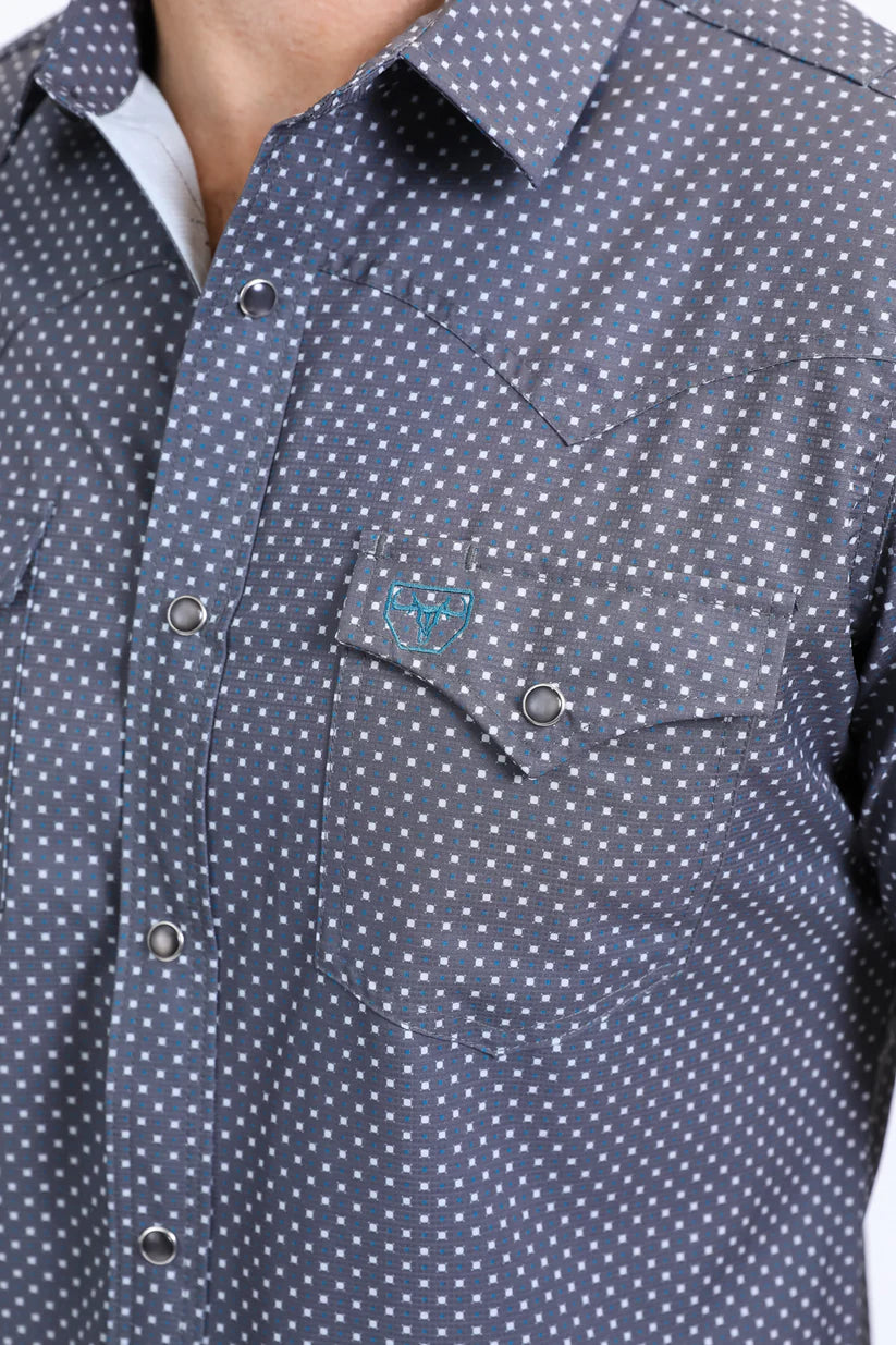 Mens Performance Western Short Sleeve Aztec Print Grey Shirt