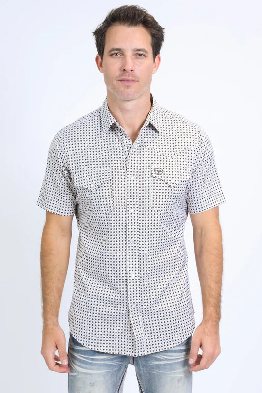 Mens Performance Western Short Sleeve Aztec Print White Shirt
