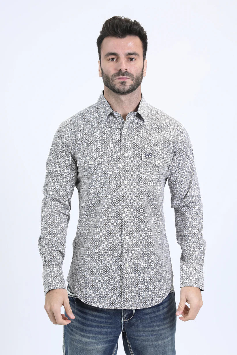 Mens Western Modern Fit Cotton/Spandex Long Sleeve White Shirt with Snaps
