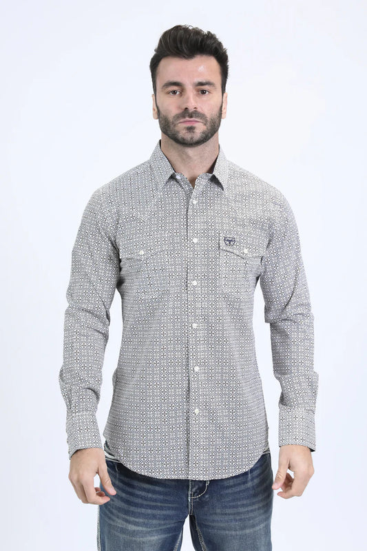 Mens Western Modern Fit Cotton/Spandex Long Sleeve White Shirt with Snaps